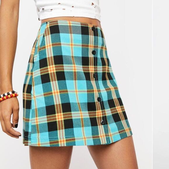 OBEY Skirt Joanie Plaid Aqua Multicolor High Waisted Business Casual Mini - Picture 1 of 8